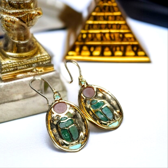 Bankok Ratnaraj BBJ JTV Gold Plate Egyptian Revival Scarab Earrings Gemstone - Picture 4 of 5